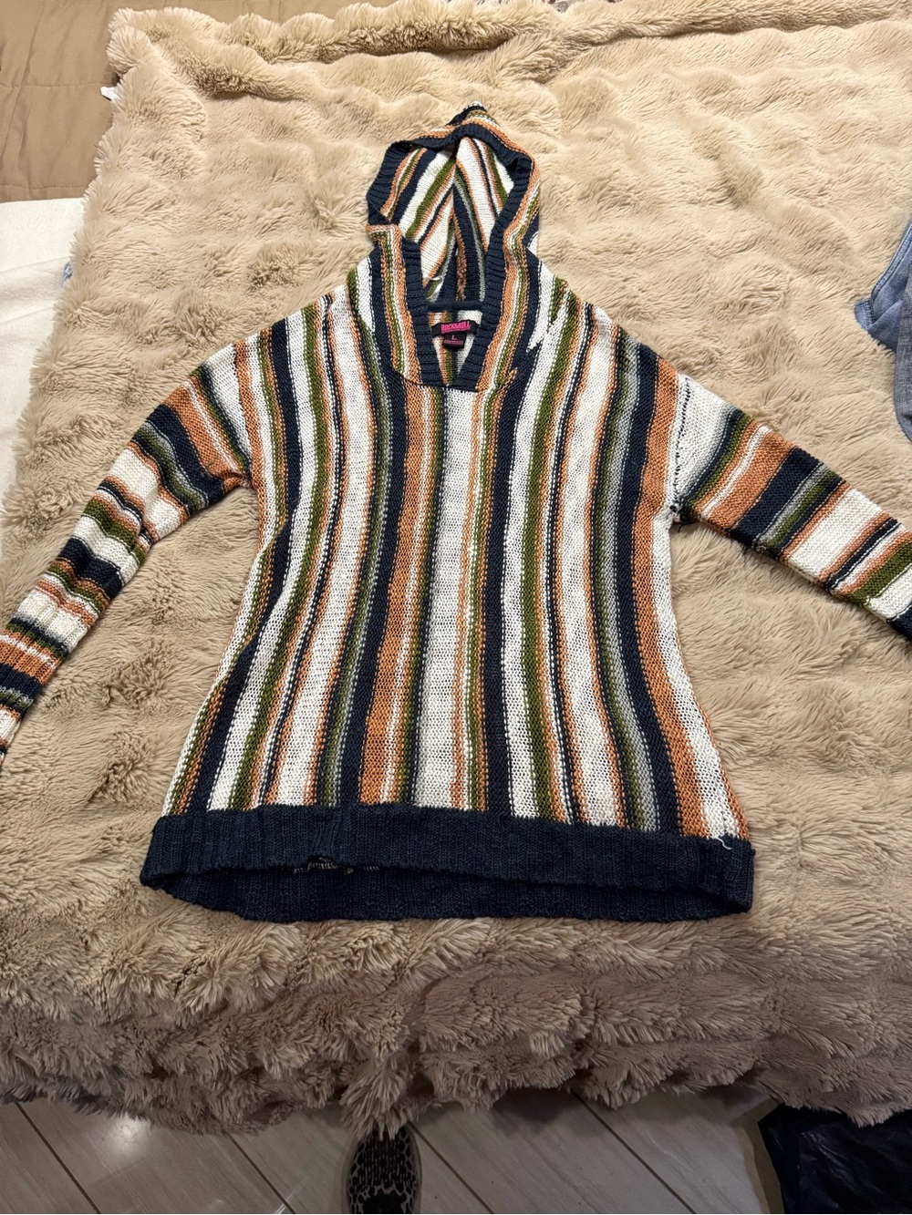 Striped V-Neck Hooded Sweater in Navy, Rust & Olive